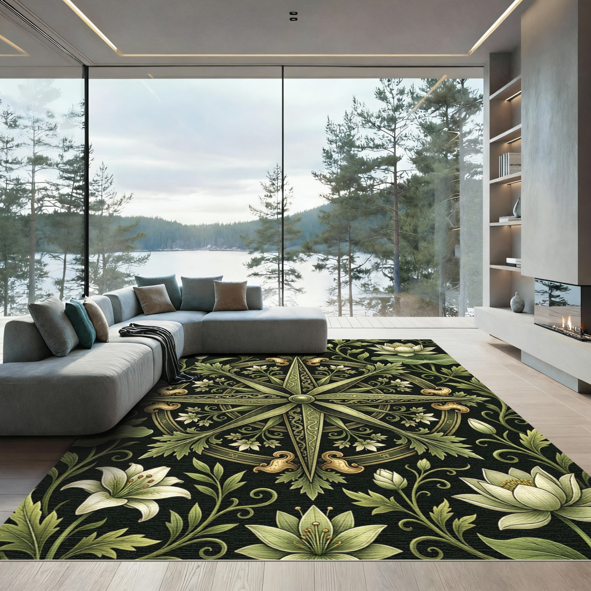 Sage Green Botanical Compass Floral Medallion Rug