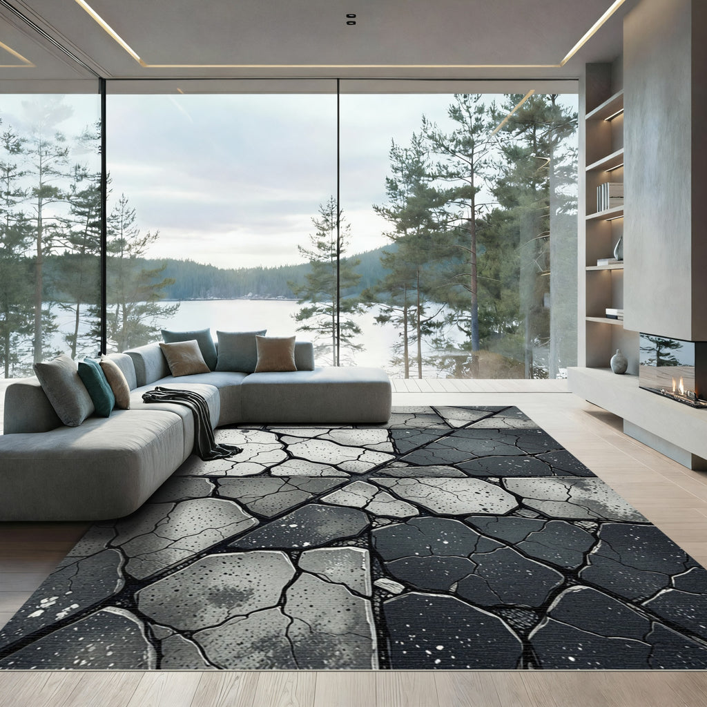 Monochromatic Cracked Stone Tile Rug