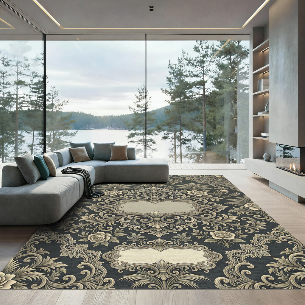 Elegant Charcoal Silver Floral Damask Arrangement Rug
