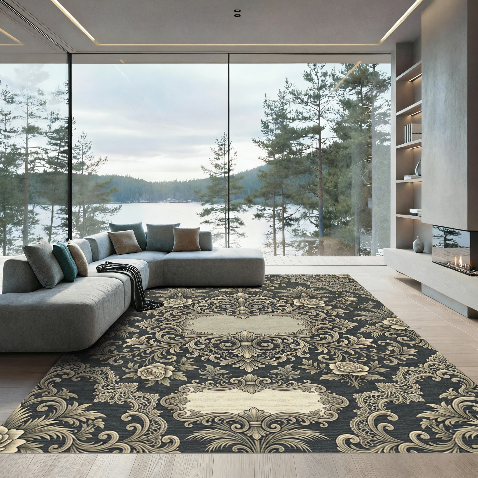 Elegant Charcoal Silver Floral Damask Arrangement Rug