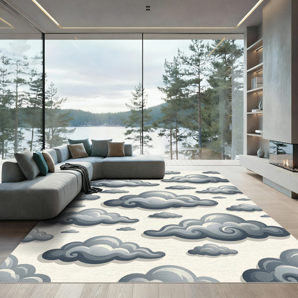 Whimsical Gray Cloudy Sky Illustration Rug