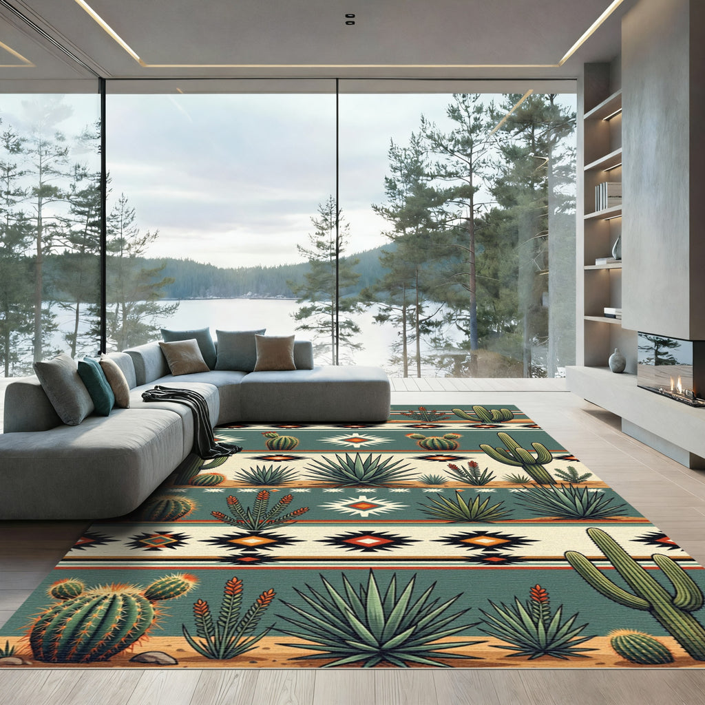 Southwestern Desert Cactus Geometric Stripe Rug