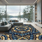 Ornate Blue and Gold Floral Mandala Rug