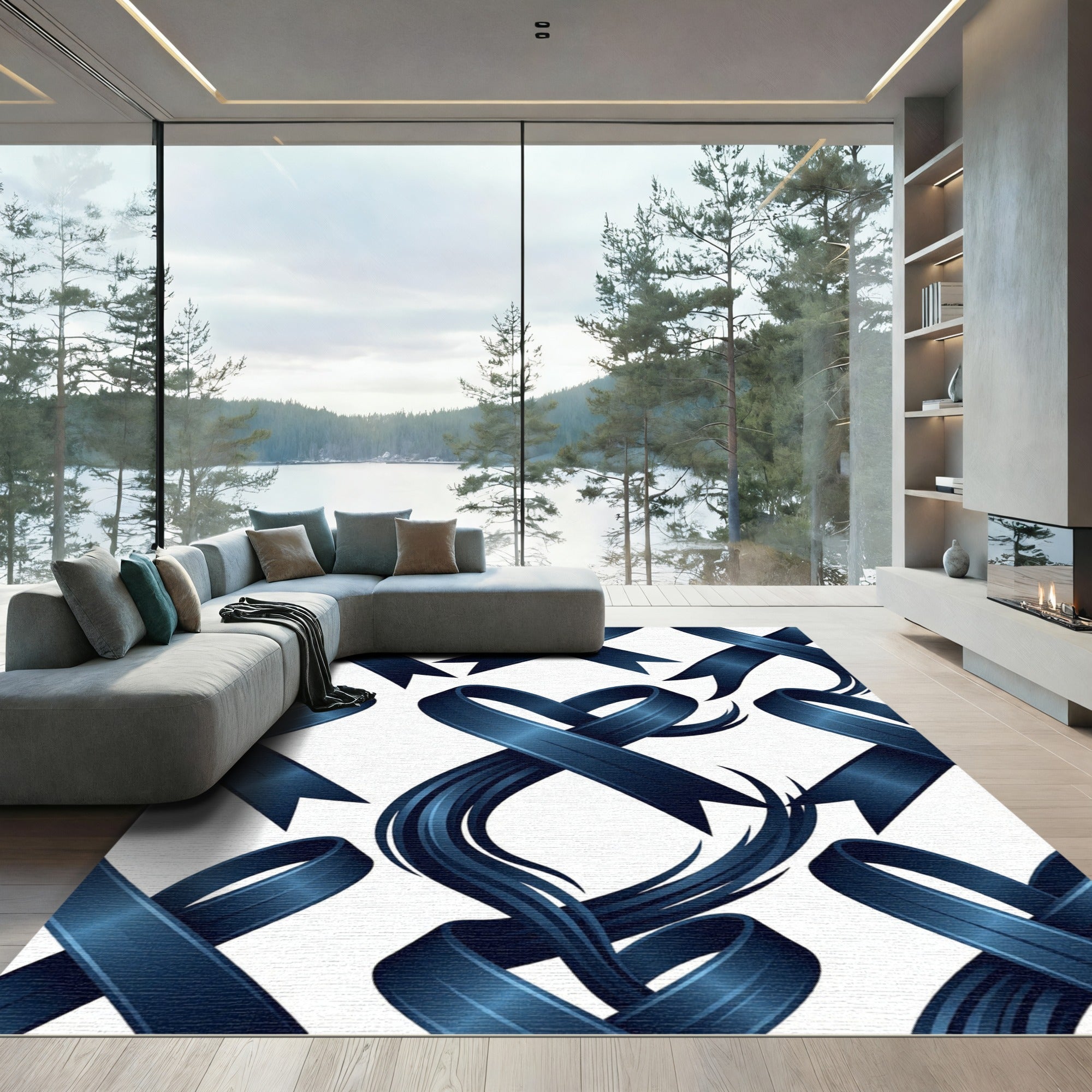 Elegant Deep Blue Ribbon Knot Rug