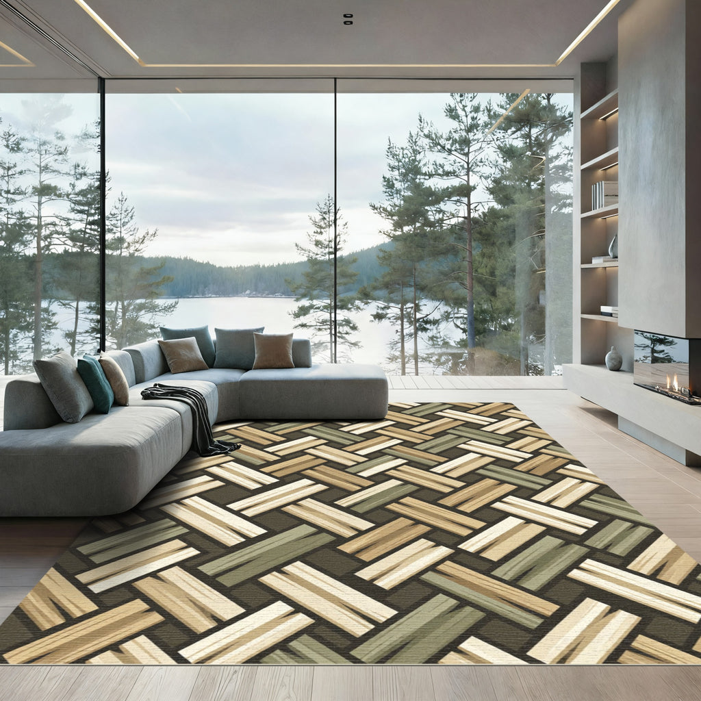 Woven Earth Tone Diagonal Basketweave Rug