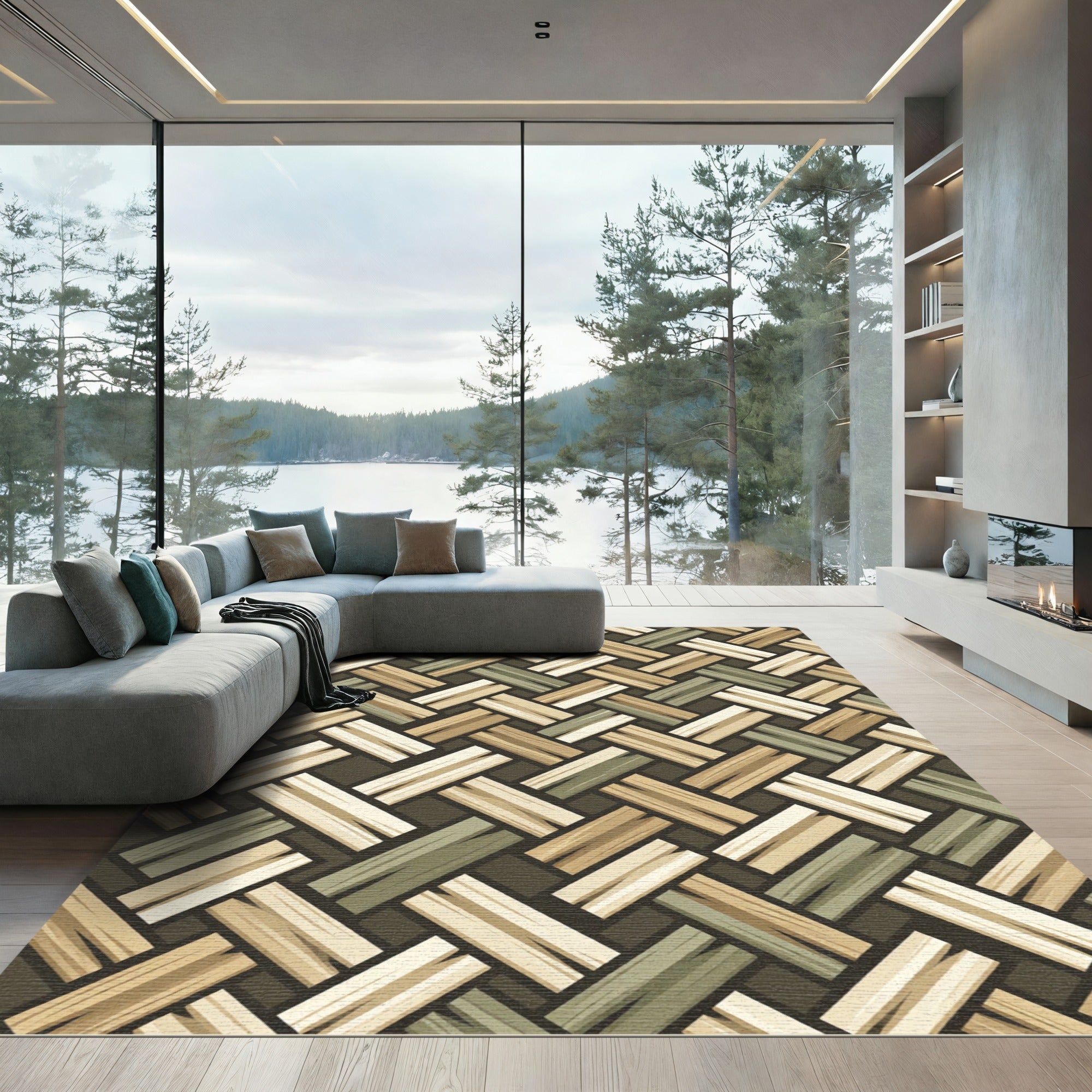 Woven Earth Tone Diagonal Basketweave Rug