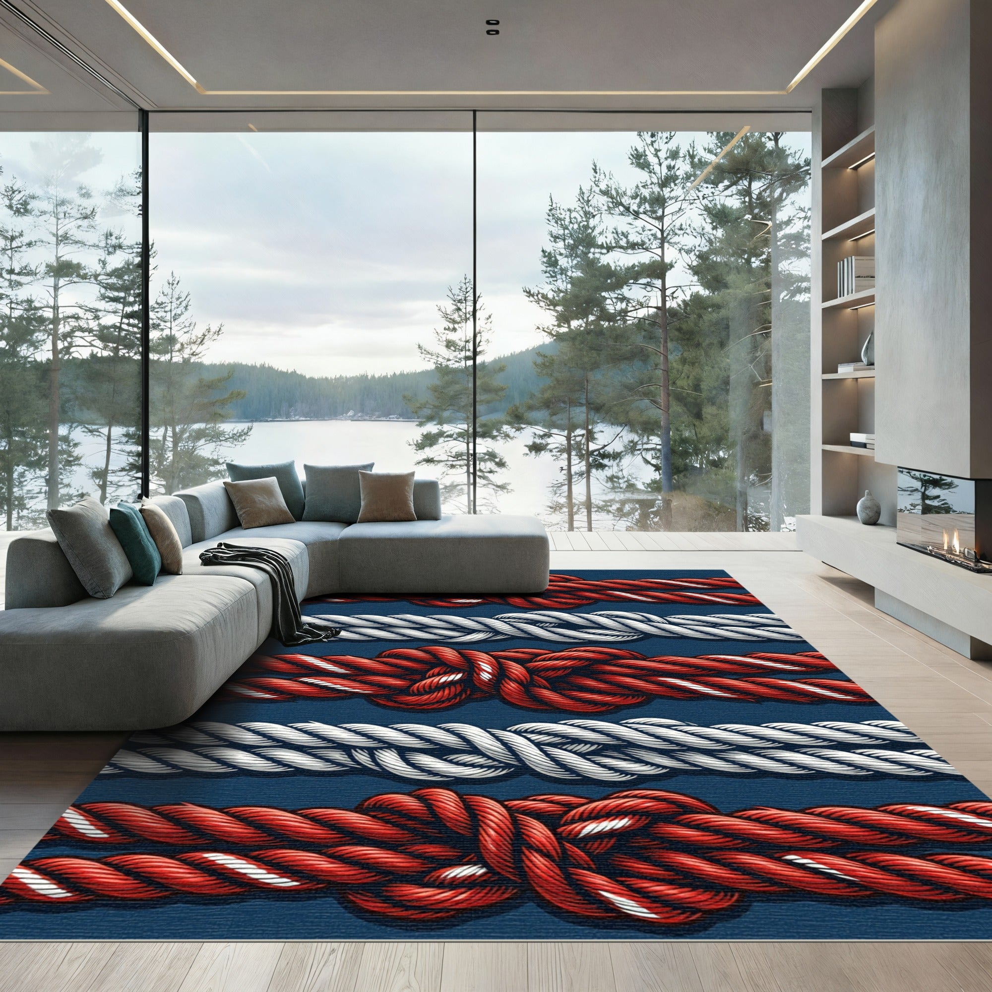 Red White Nautical Knotted Rope Rug