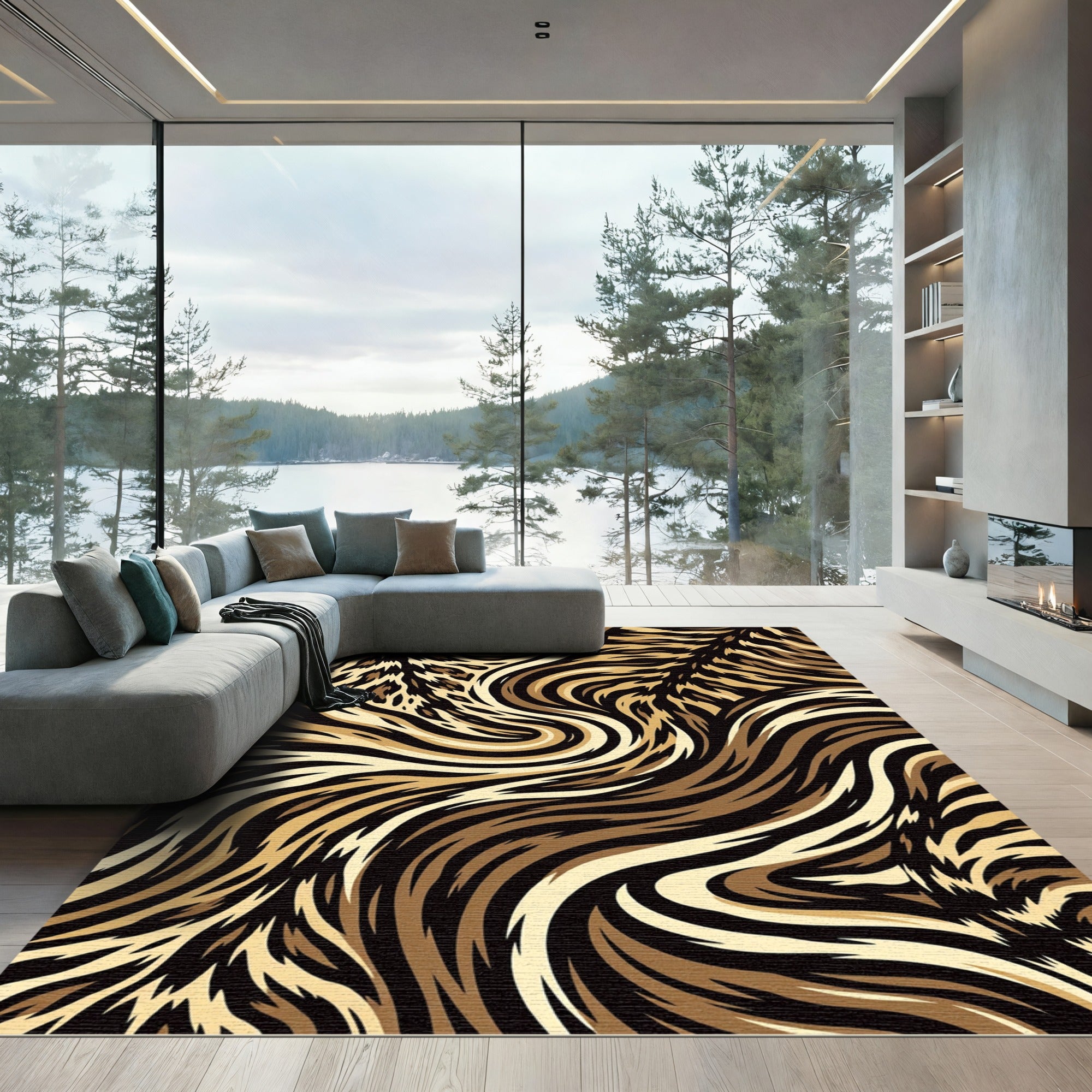 Fluid Golden Brown Abstract Animal Wave Rug