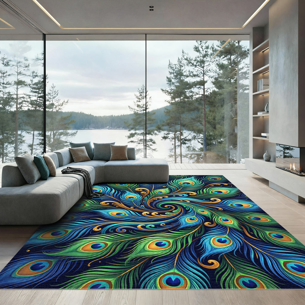 Vibrant Blue Green Peacock Feather Swirl Rug
