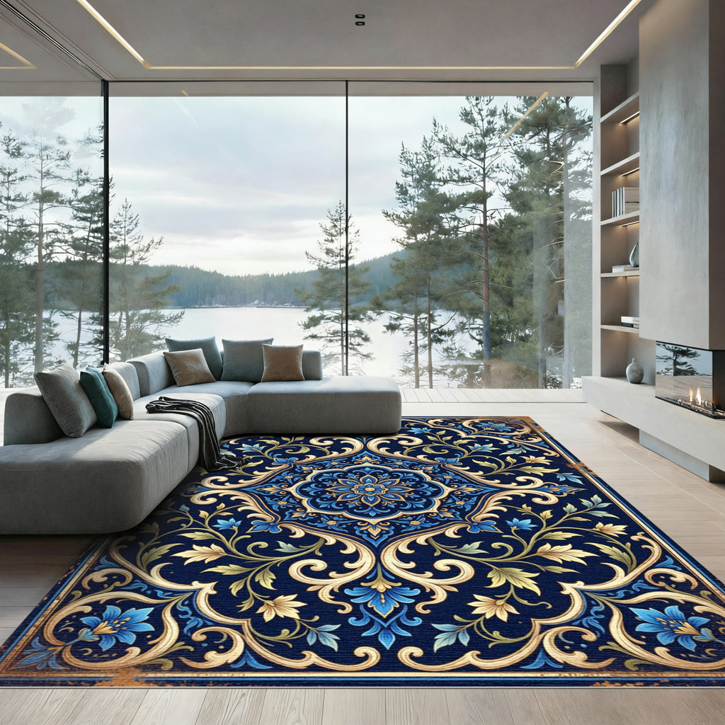 Rich Navy Blue Floral Scroll Medallion Rug