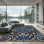 Rich Navy Blue Floral Scroll Medallion Rug