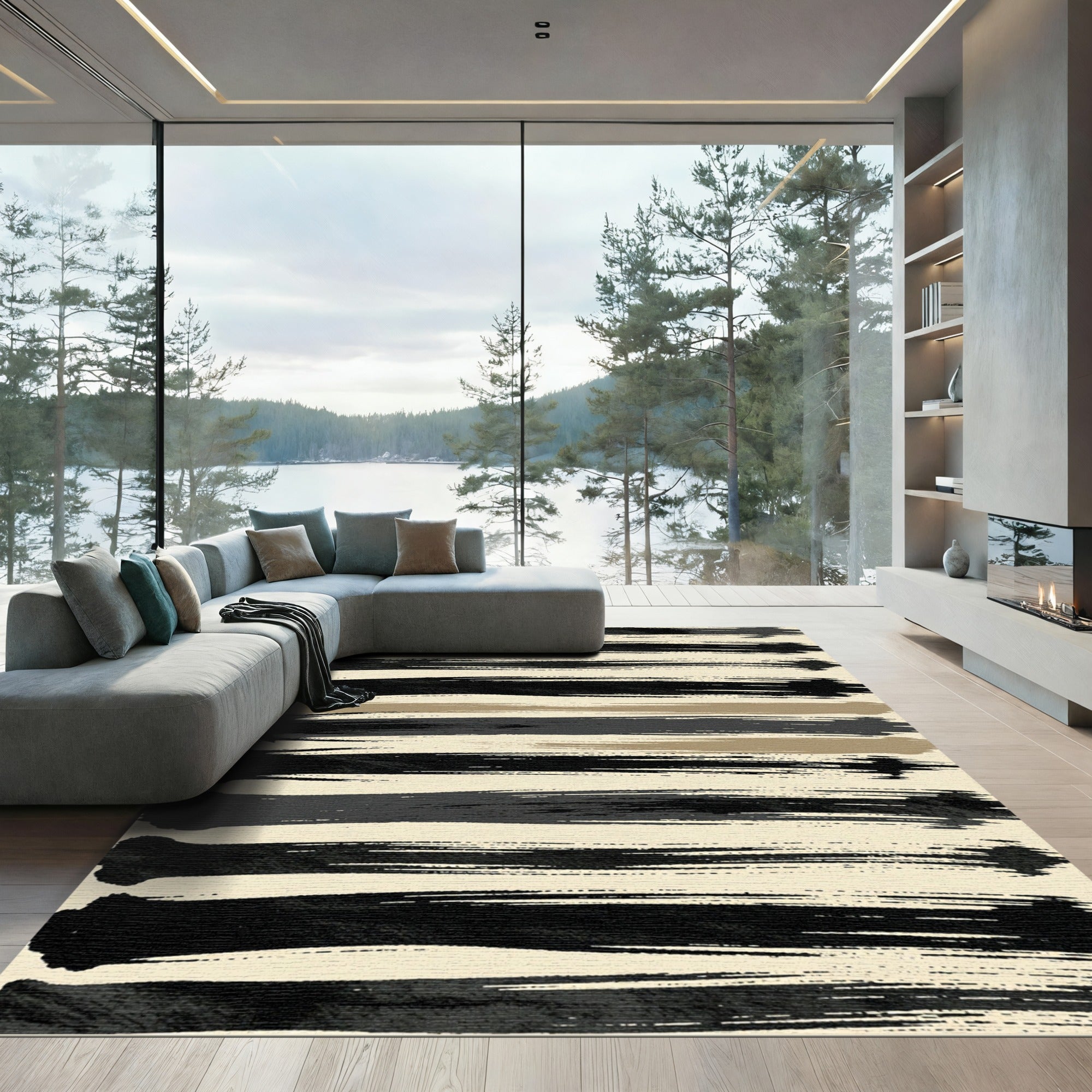 Textured Black Brush Stroke Stripes Rug