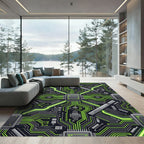 Neon Cyber Circuitry Tech Grid Rug