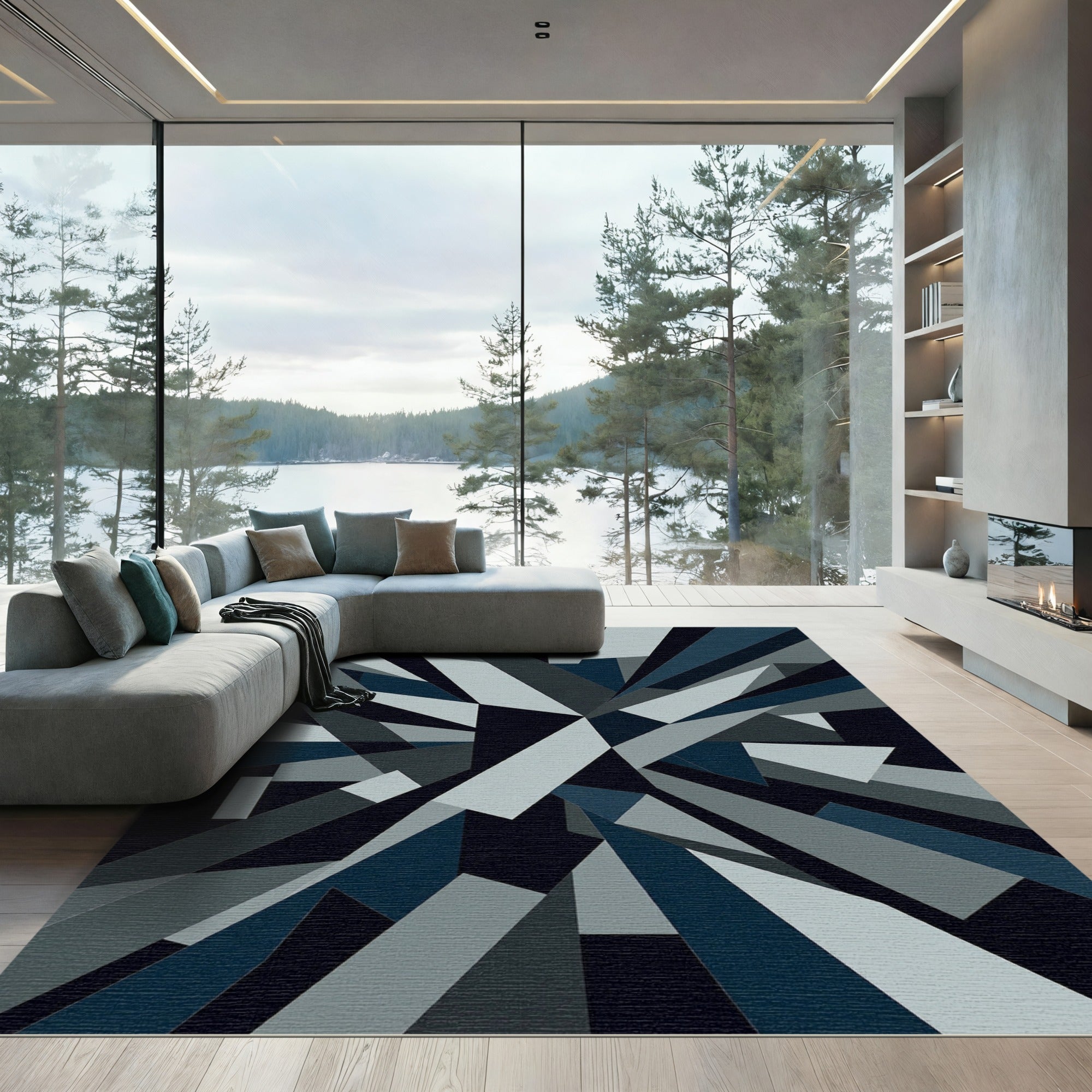 Deep Blue Geometric Burst Rug