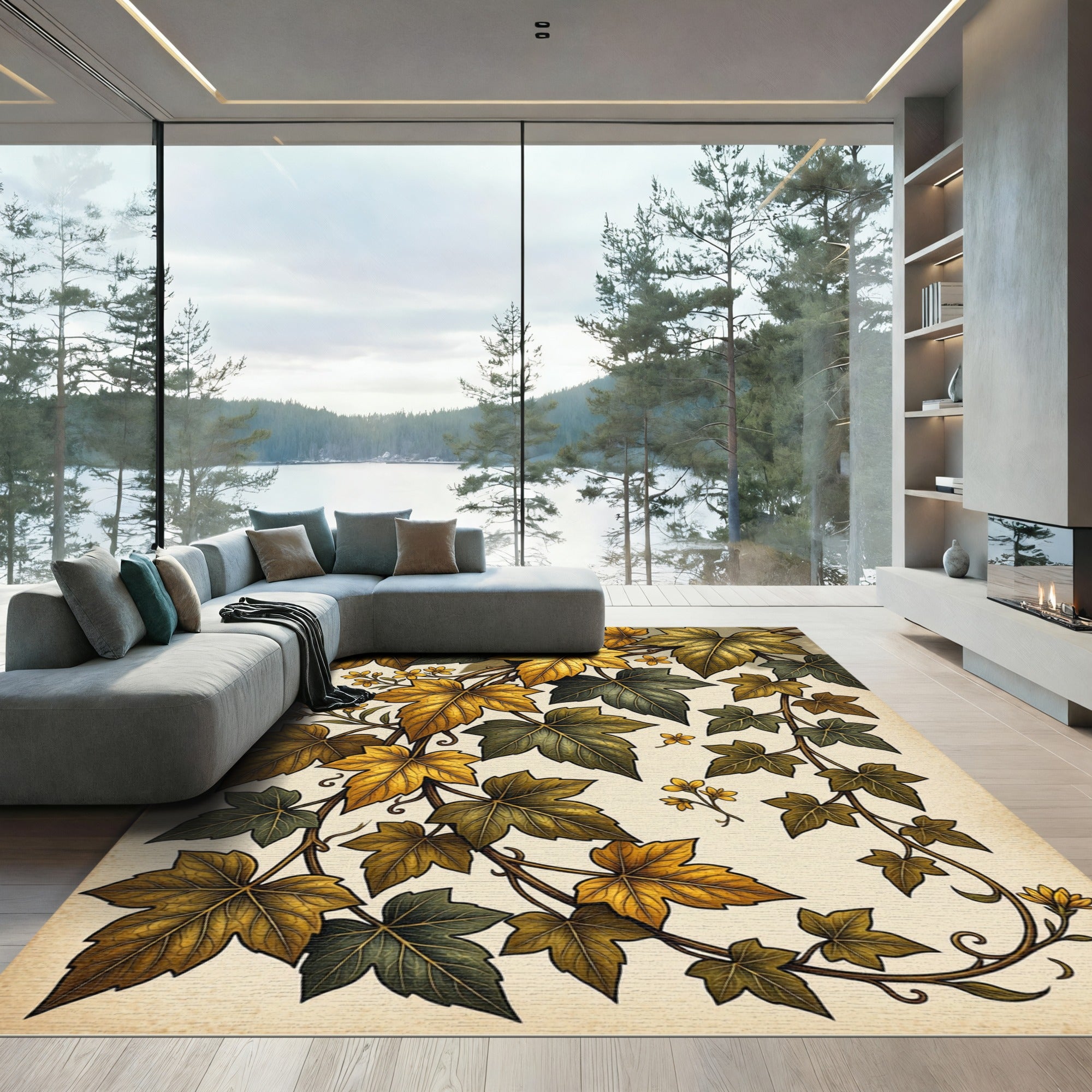Autumnal Gold Ivy Foliage Art Rug