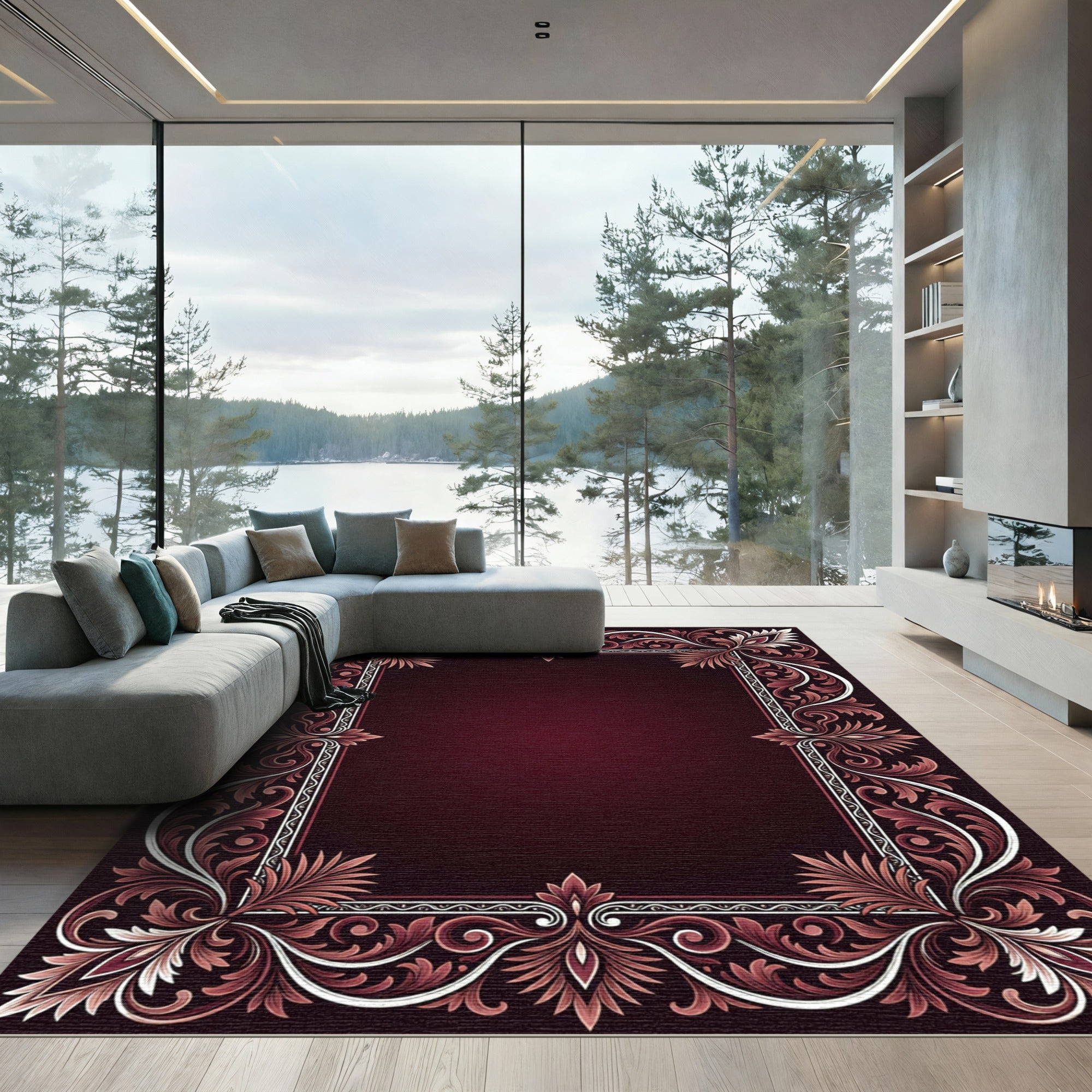 Deep Burgundy Antique Floral Frame Rug