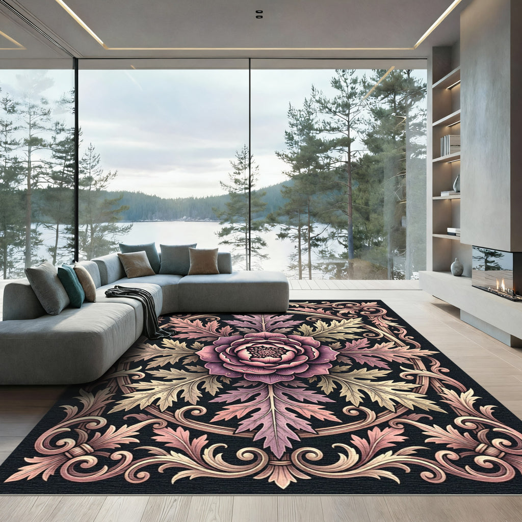 Ornate Mauve Rose Damask Circular Medallion Rug