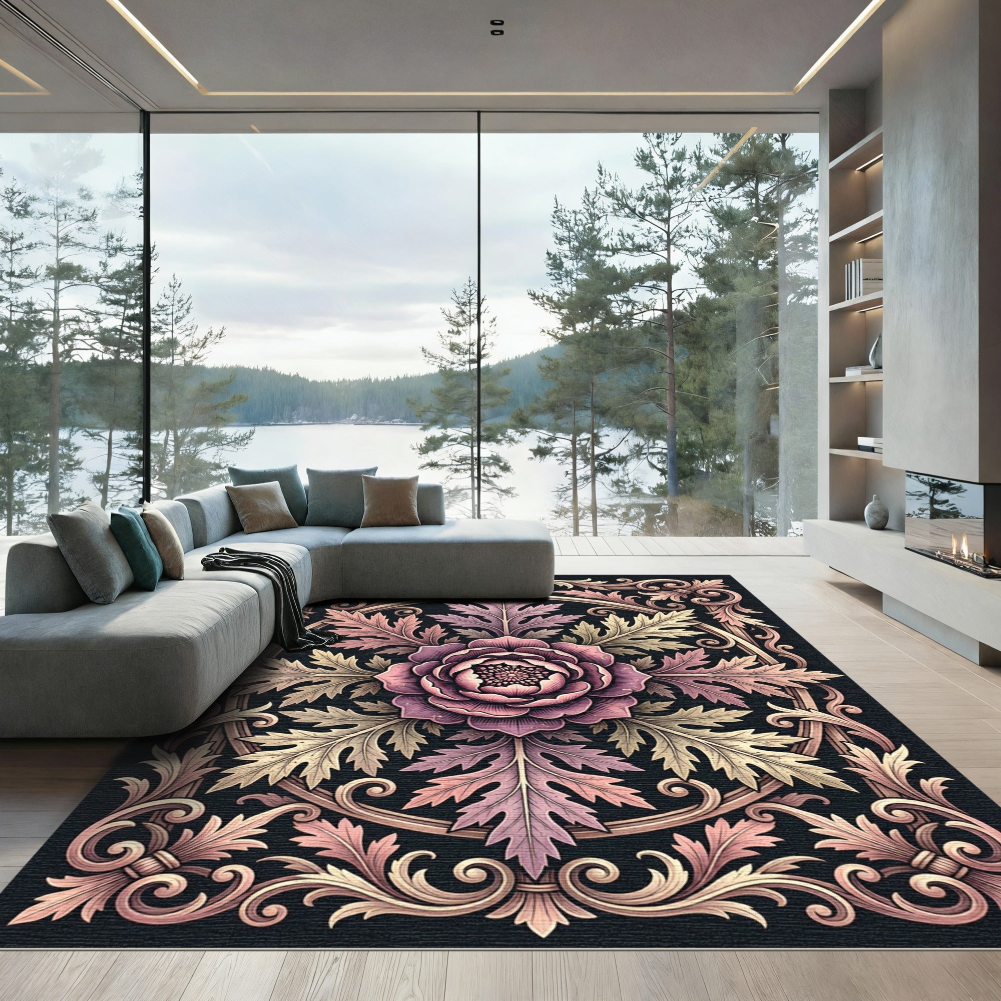 Ornate Mauve Rose Damask Circular Medallion Rug