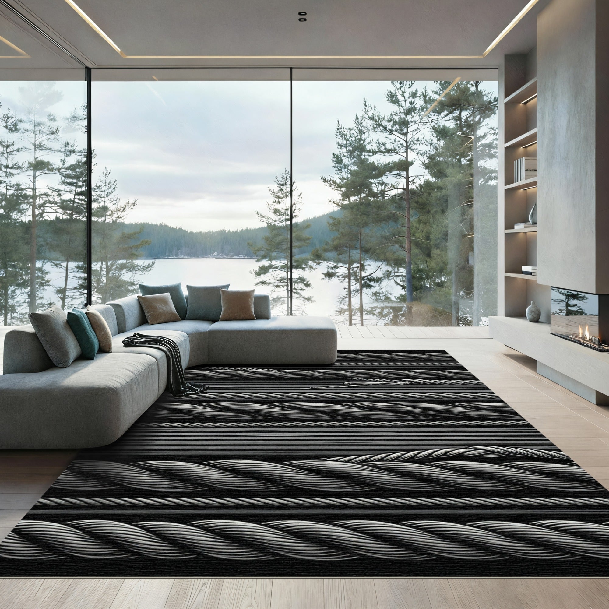 Monochrome Twisted Rope Lines Rug