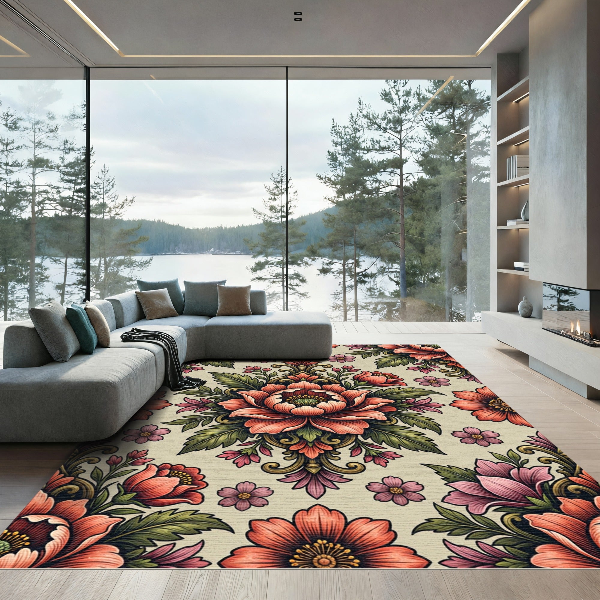 Elegant Coral Rose Damask Botanical Rug