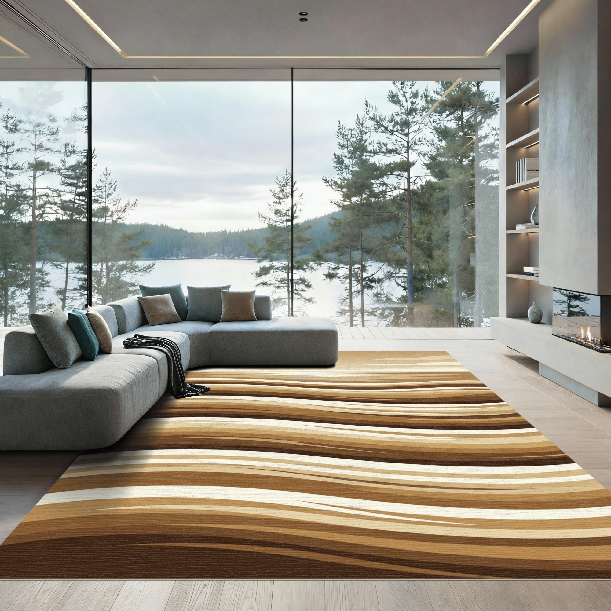 Minimalist Sepia Abstract Rolling Waves Rug