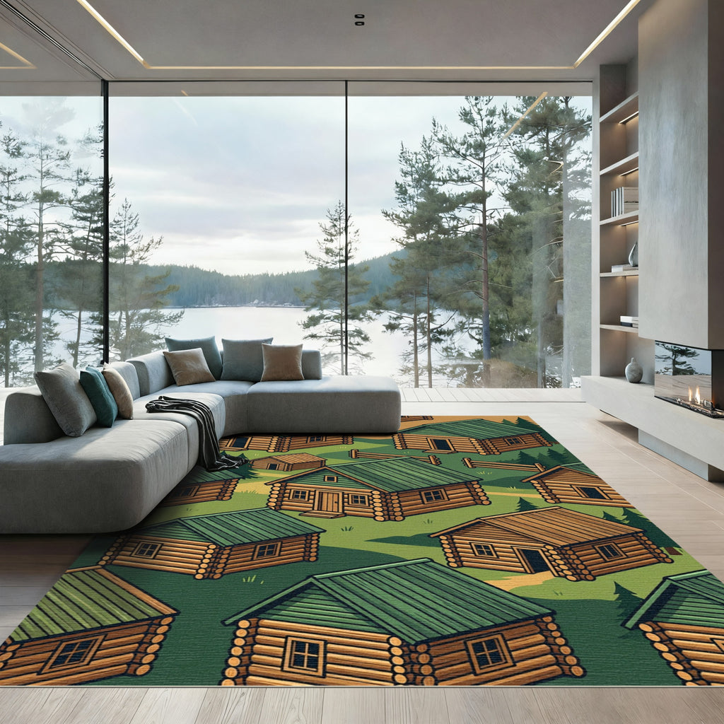 Isometric Green Forest Cabin Village Rug
