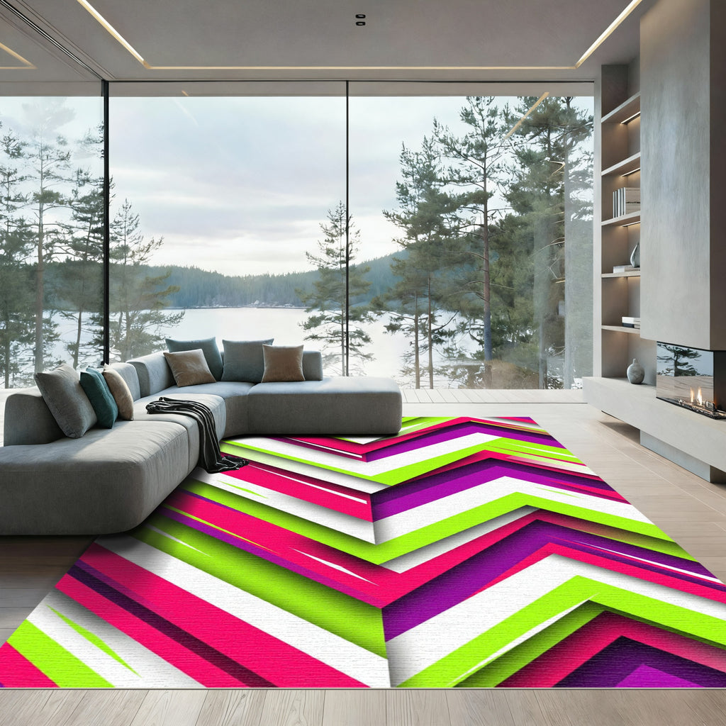 Vibrant Neon Chevron Abstract Layered Art Rug