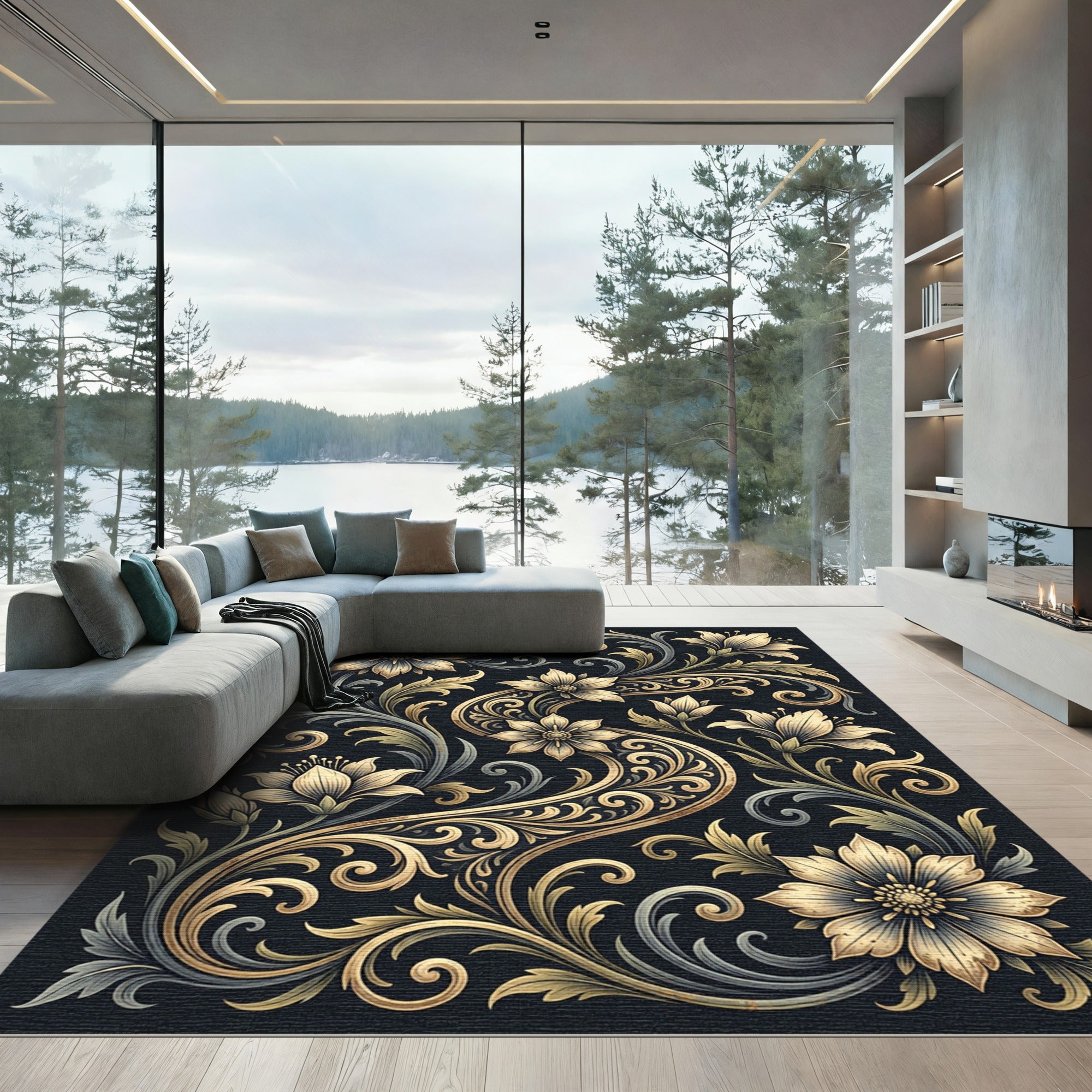 Elegant Gold Floral Swirl Botanical Rug
