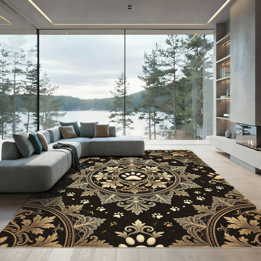 Ornate Gold Paw Damask Medallion Rug