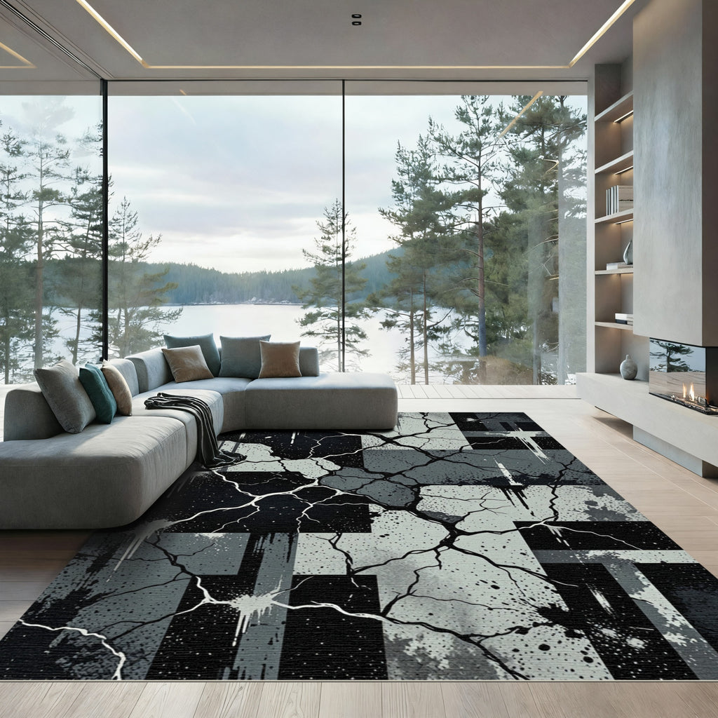 Monochromatic Cracked Abstract Geometric Urban Art Rug