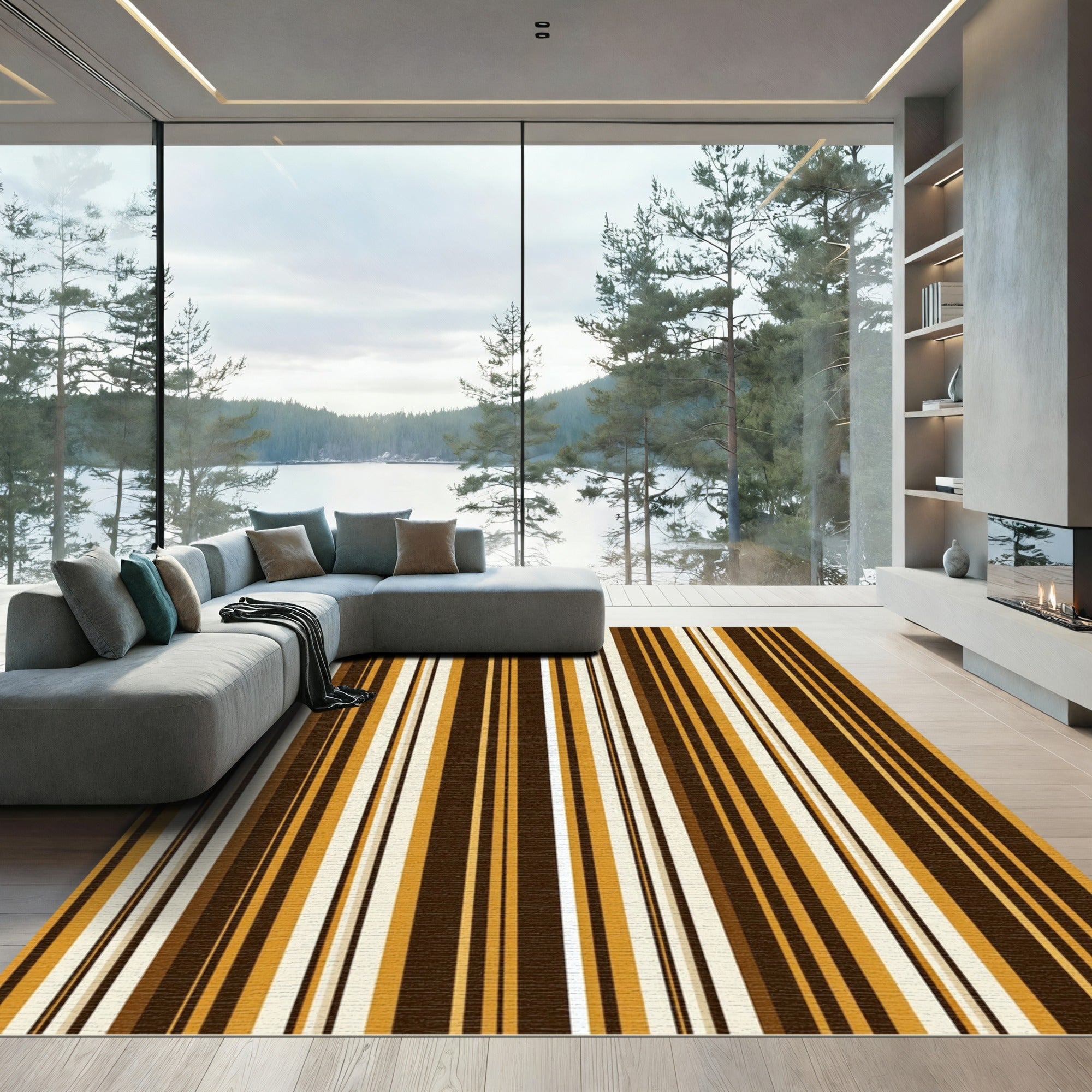 Modern Earthy Ochre Brown Striped Rug