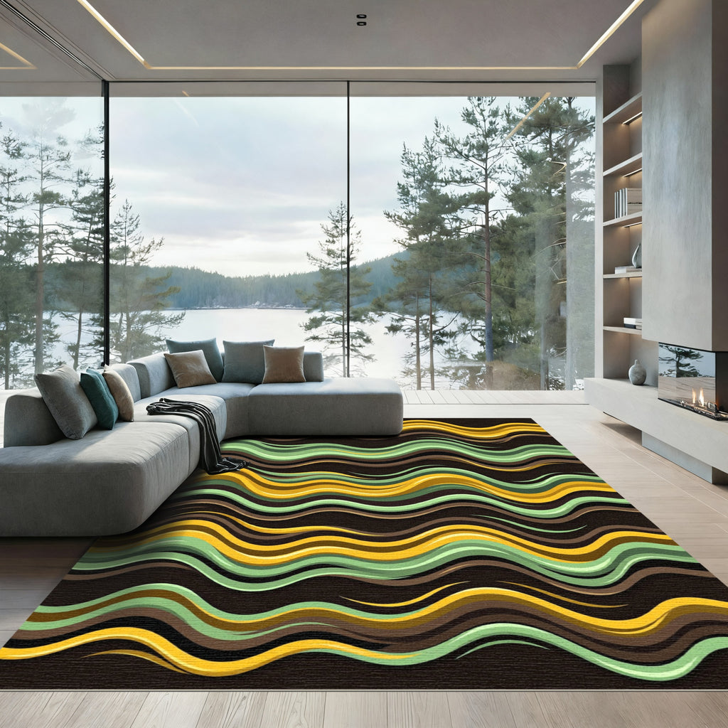 Abstract Golden Yellow and Sage Wave Rug