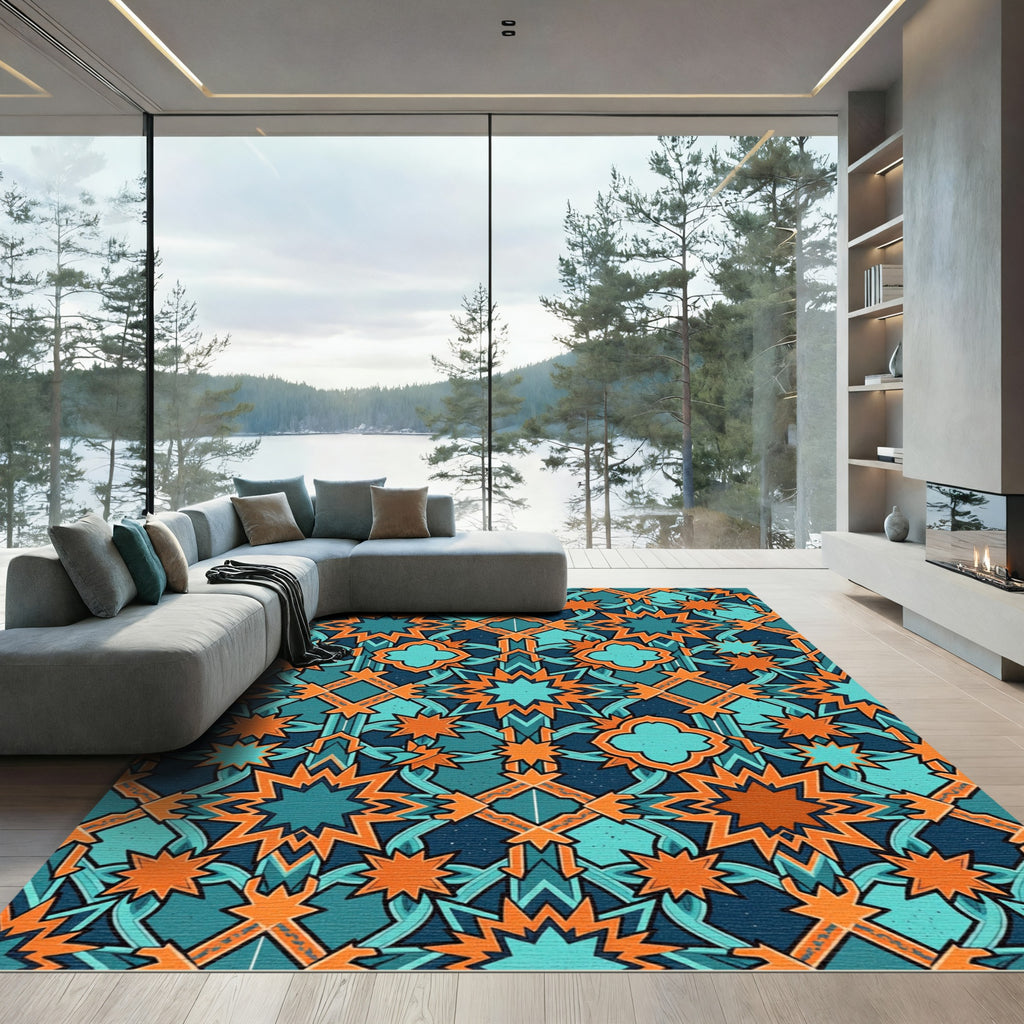 Teal Orange Geometric Star Mosaic Rug