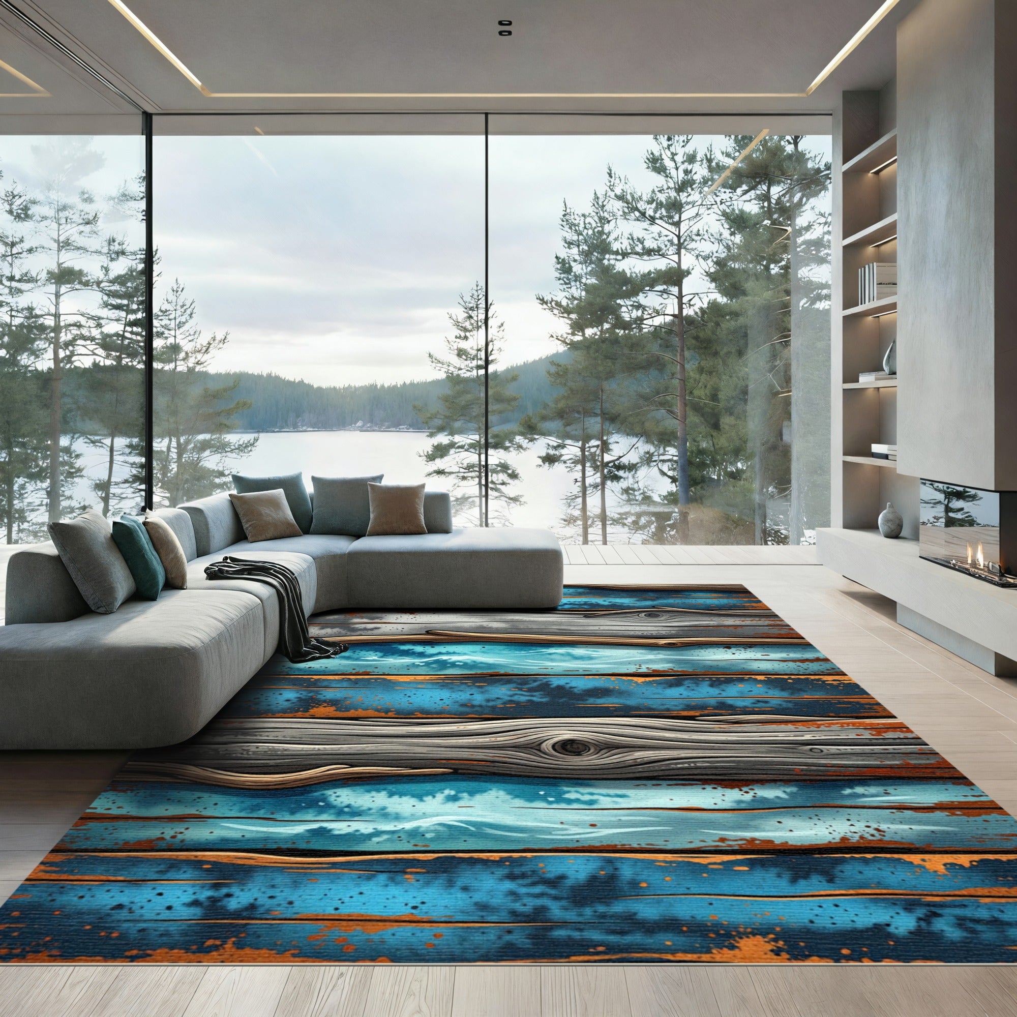 Rustic Blue Weathered Wood Plank Rug