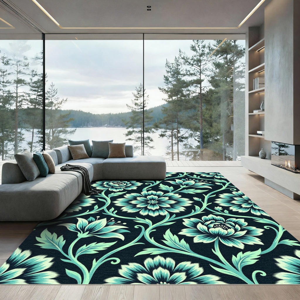 Teal And Cream Floral Vines Rug