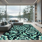 Teal And Cream Floral Vines Rug