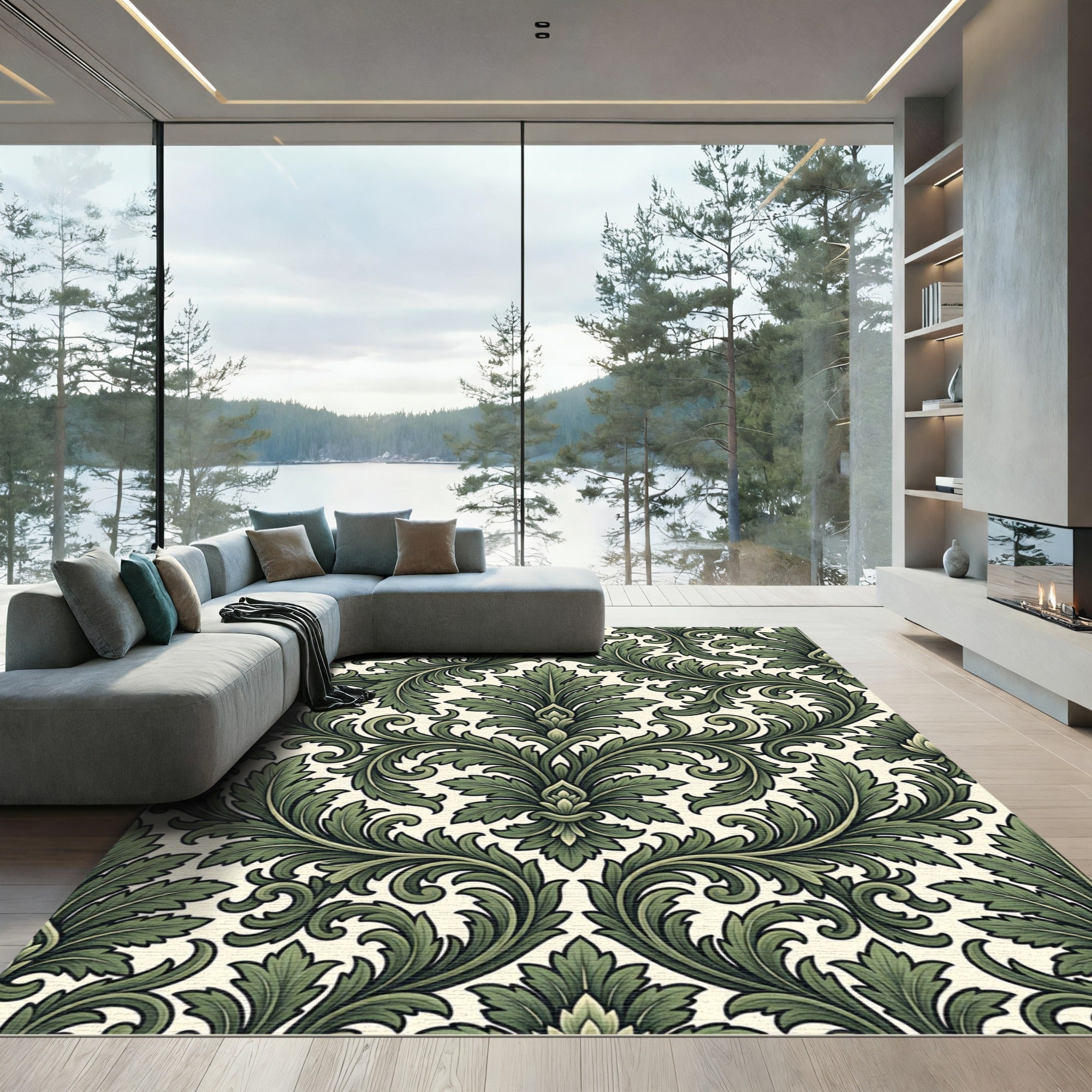 Elegant Forest Green Acanthus Scroll Rug