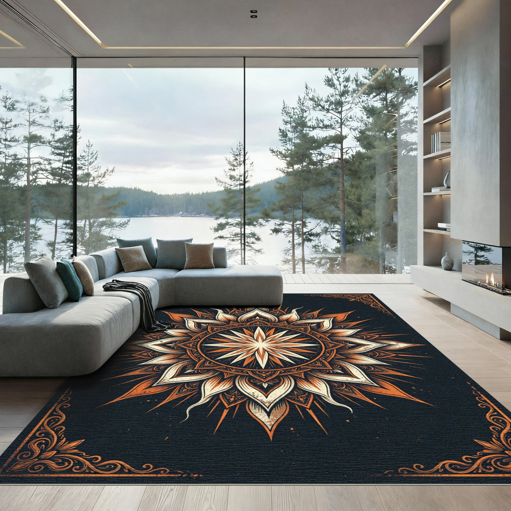Ornate Terracotta Black Celestial Sun Medallion Rug
