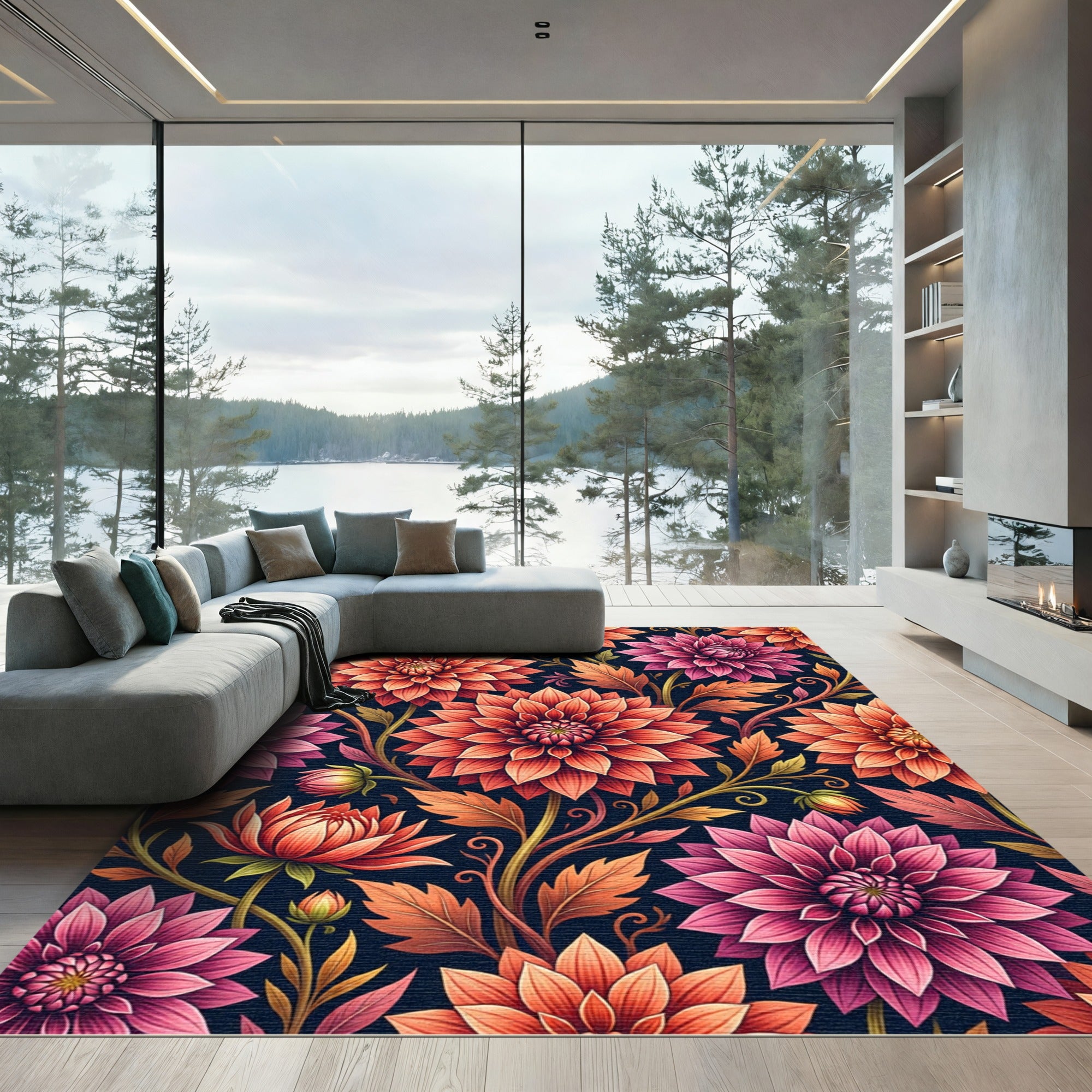 Vibrant Coral Dahlia Botanical Bloom Rug