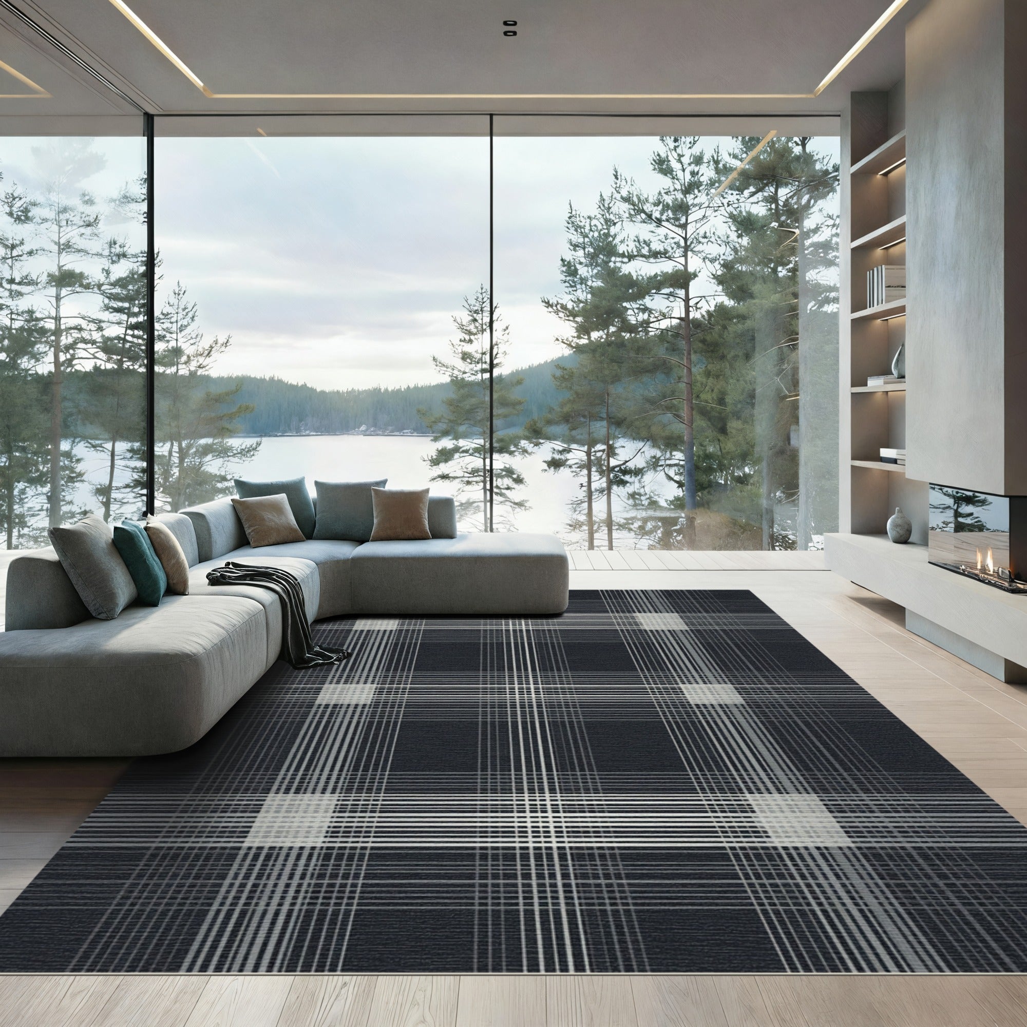 Dark Gray Modern Grid Checkered Rug