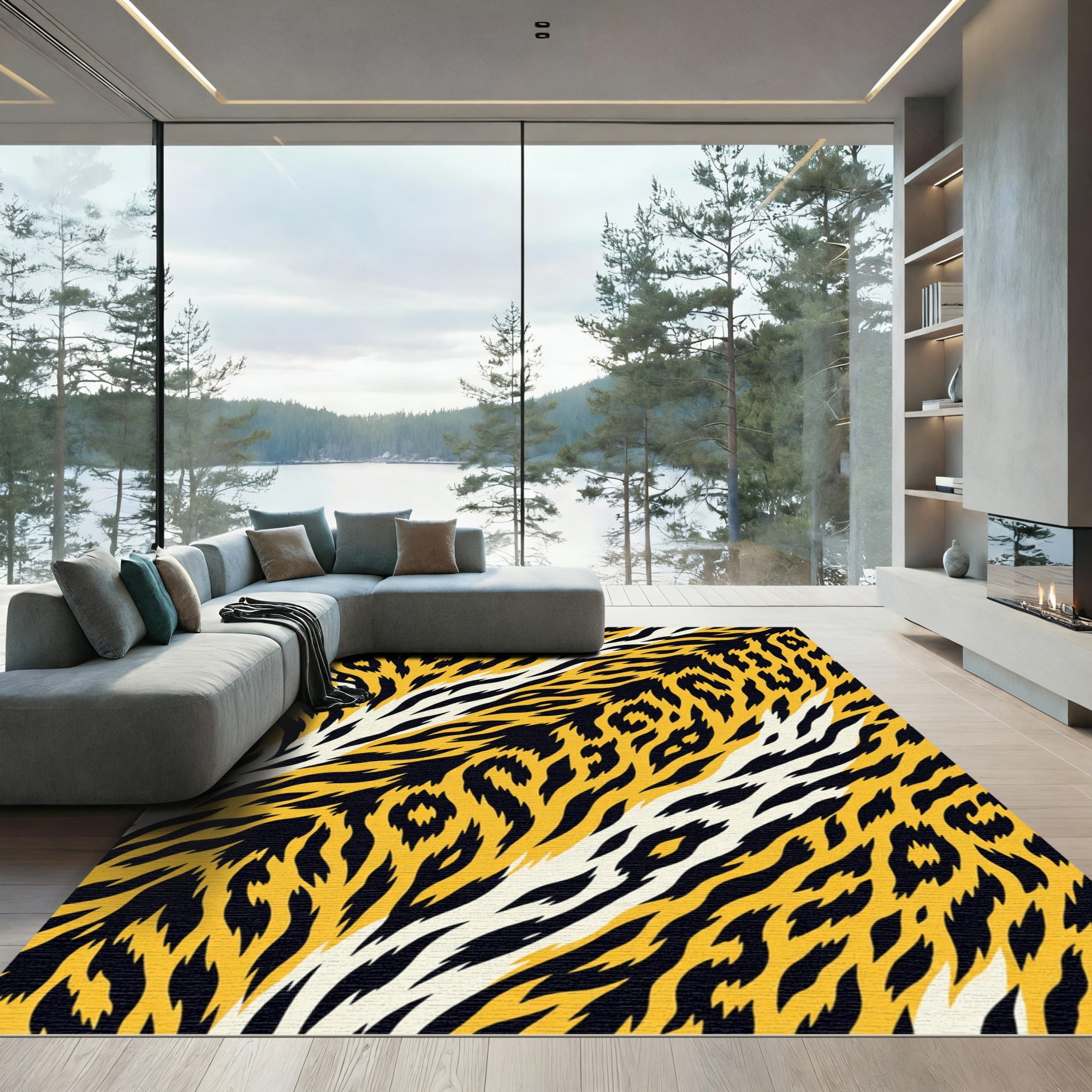 Yellow Black White Feline Stripes Rug