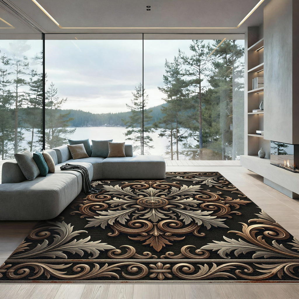 Baroque Bronze and Ivory Filigree Medallion Rug