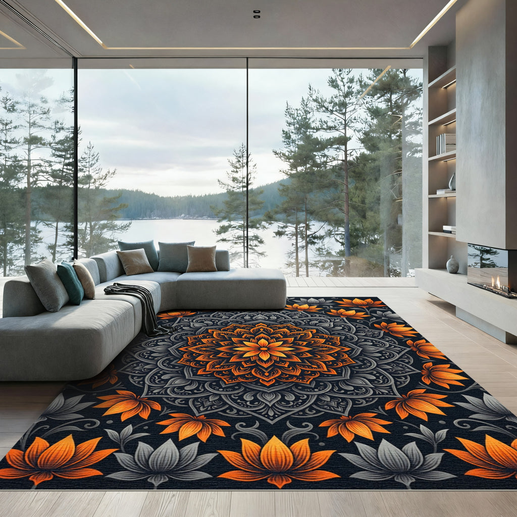Golden Lotus Mandala and Dark Gray Flourish Rug