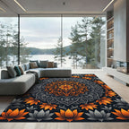 Golden Lotus Mandala and Dark Gray Flourish Rug