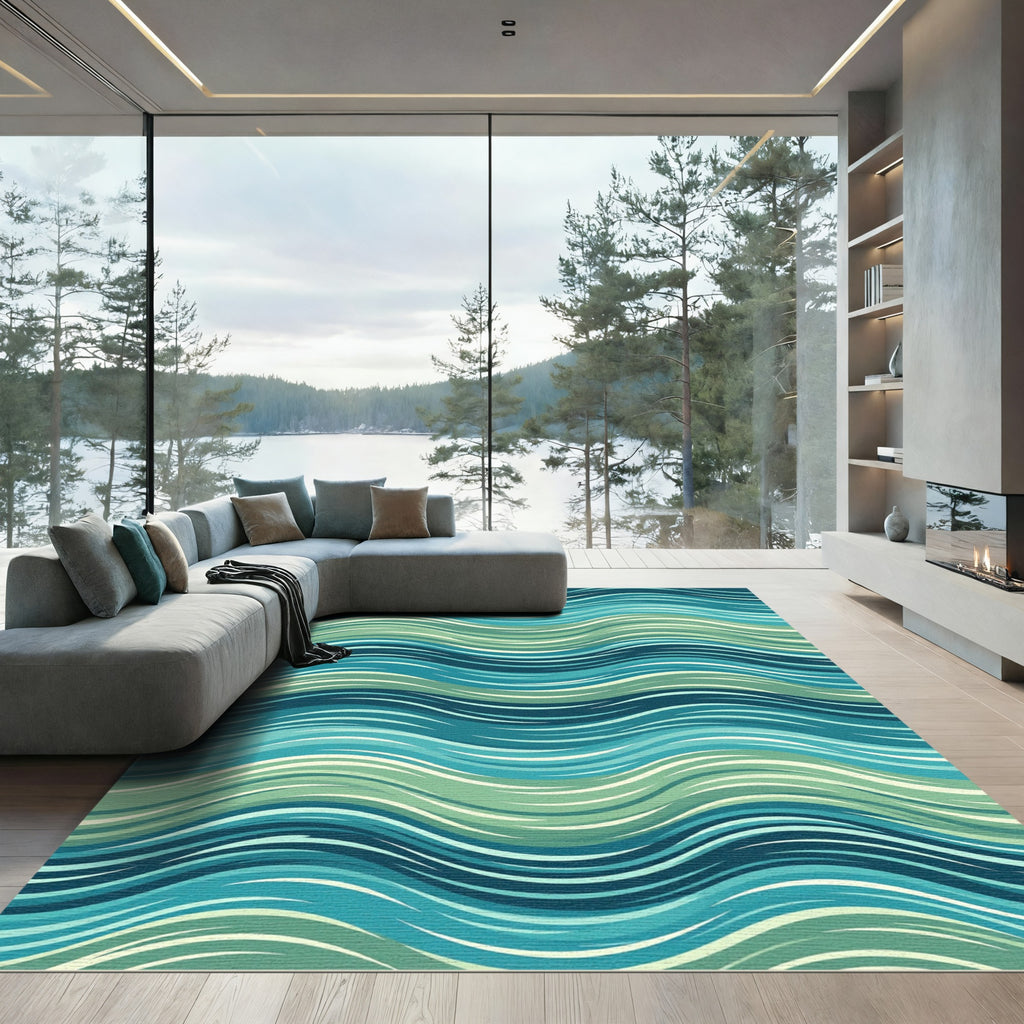 Teal and Sage Wavy Ocean Flow Rug