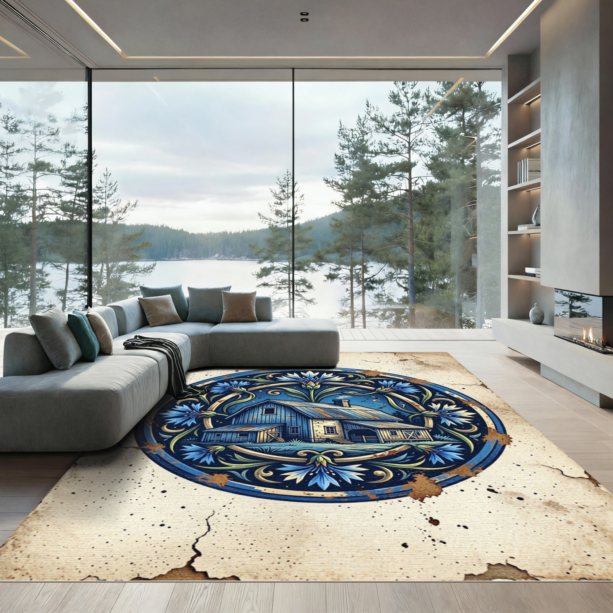 Blue Floral Barn Cottage Medallion Rug