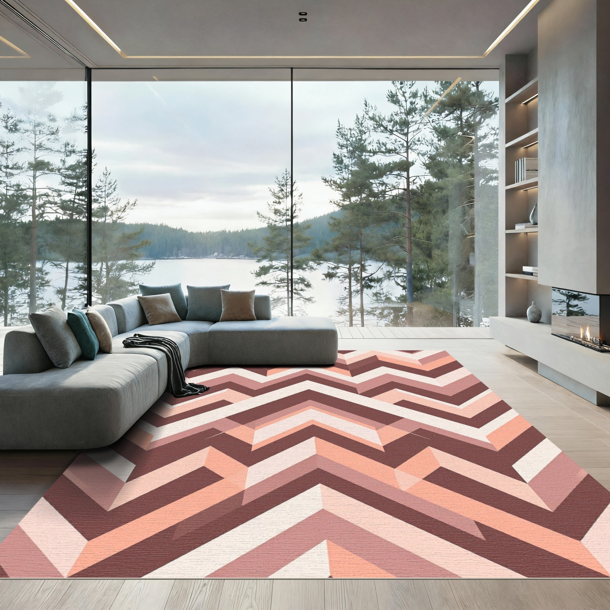 Modern Earthy Geometric Chevron Ripple Rug