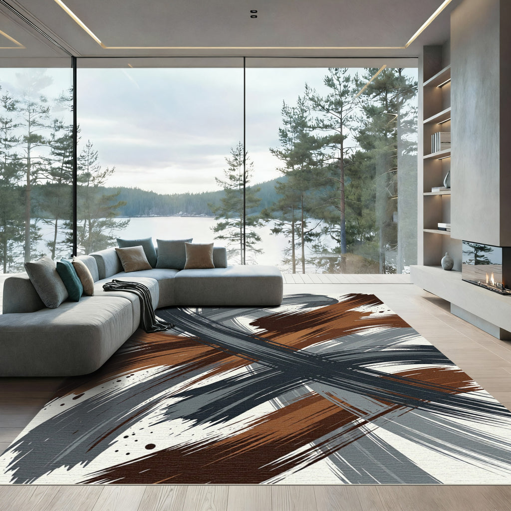 Modern Earth Tone Abstract Brush Stroke Rug