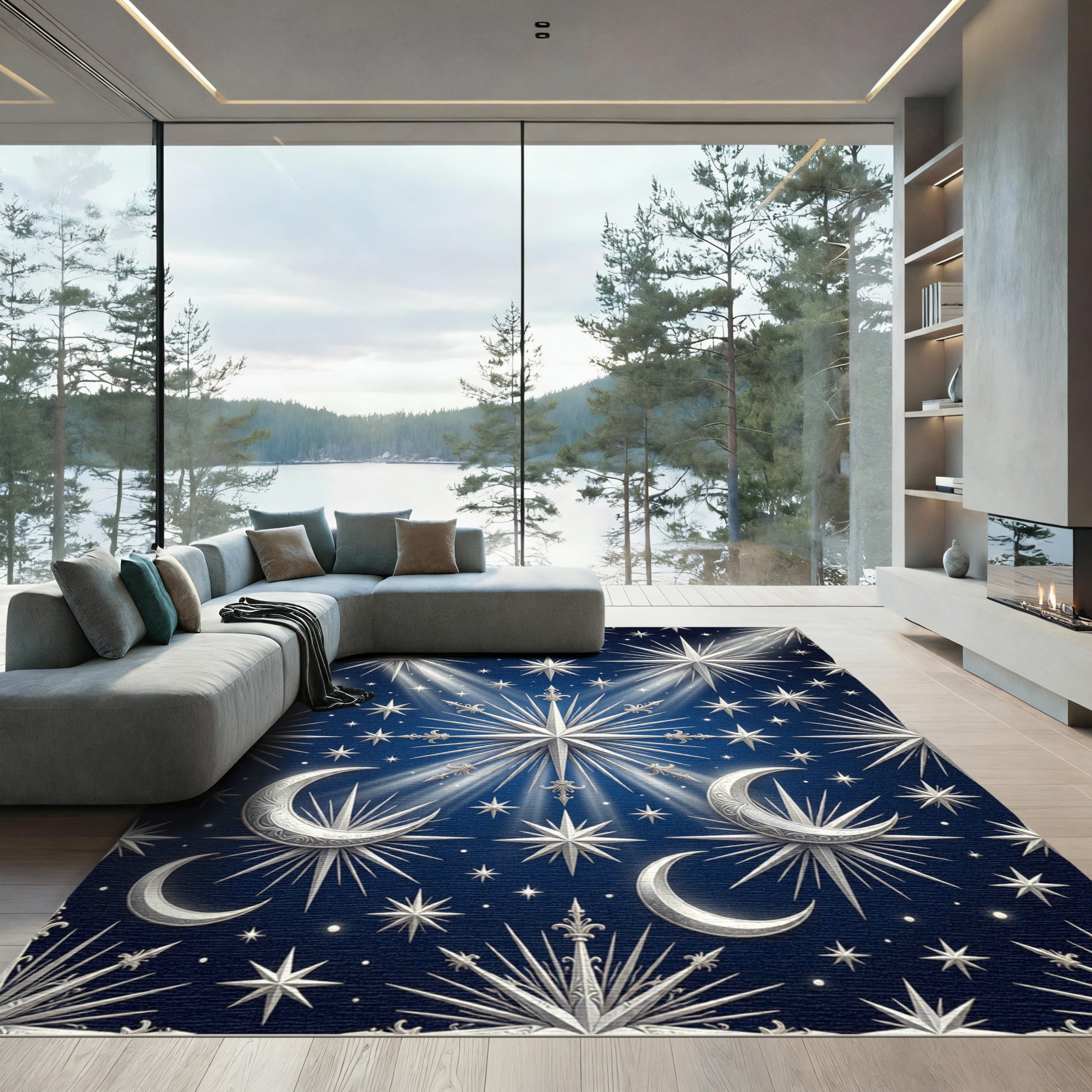 Celestial Silver Moon and Starry Sky Rug