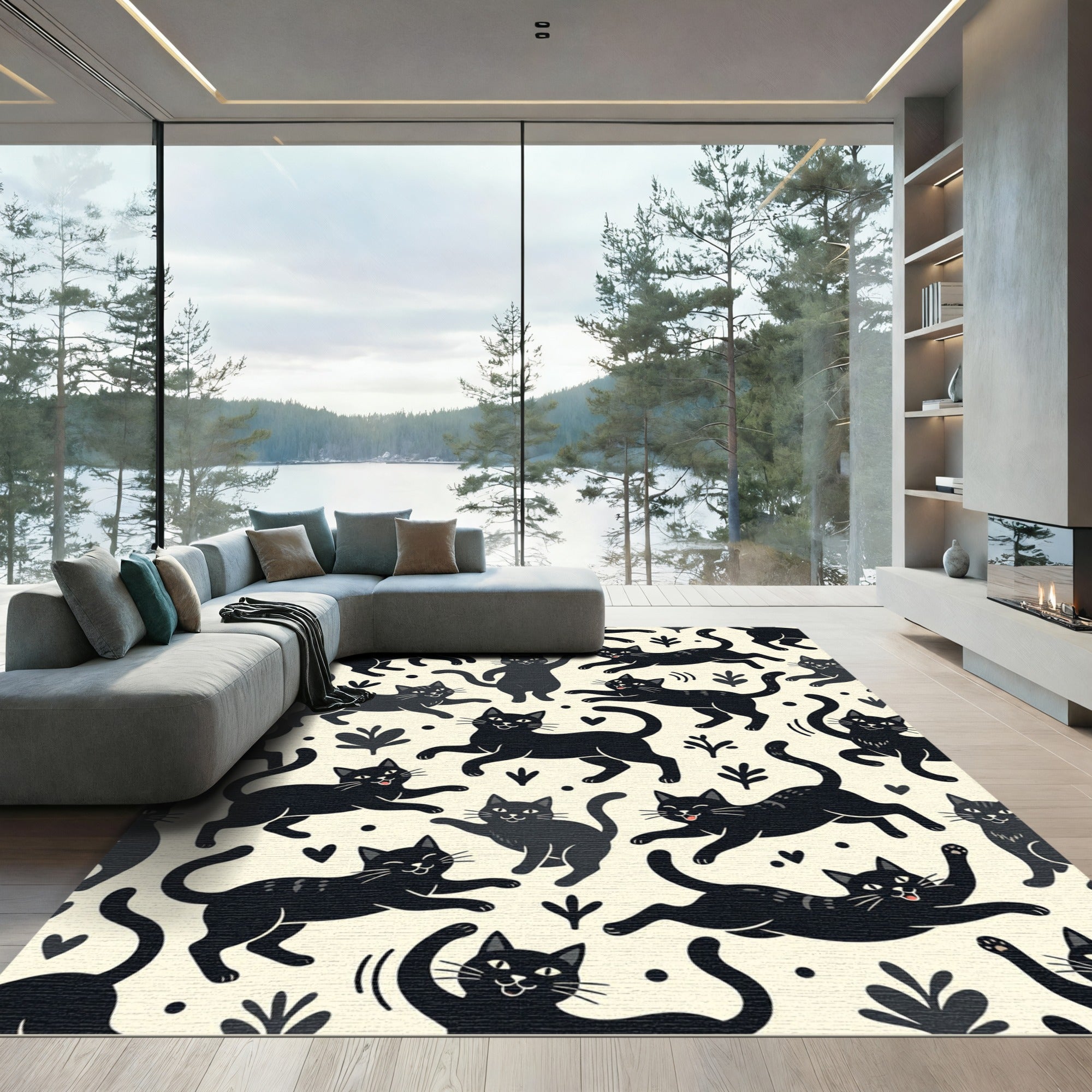 Playful Black Cat Whimsical Doodles Rug